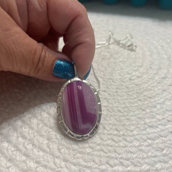 Beautiful PINK BOTSWANA AGATE Handmade Sterling 925 Pendant/Chain #300D - Picture 2 of 3